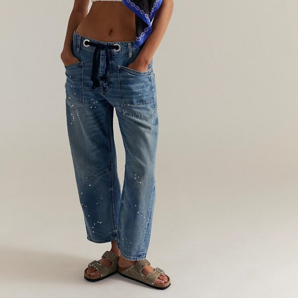 Free People - We The Free Moxie Pull On Barrel Distressed Timeless Blue Sz 30